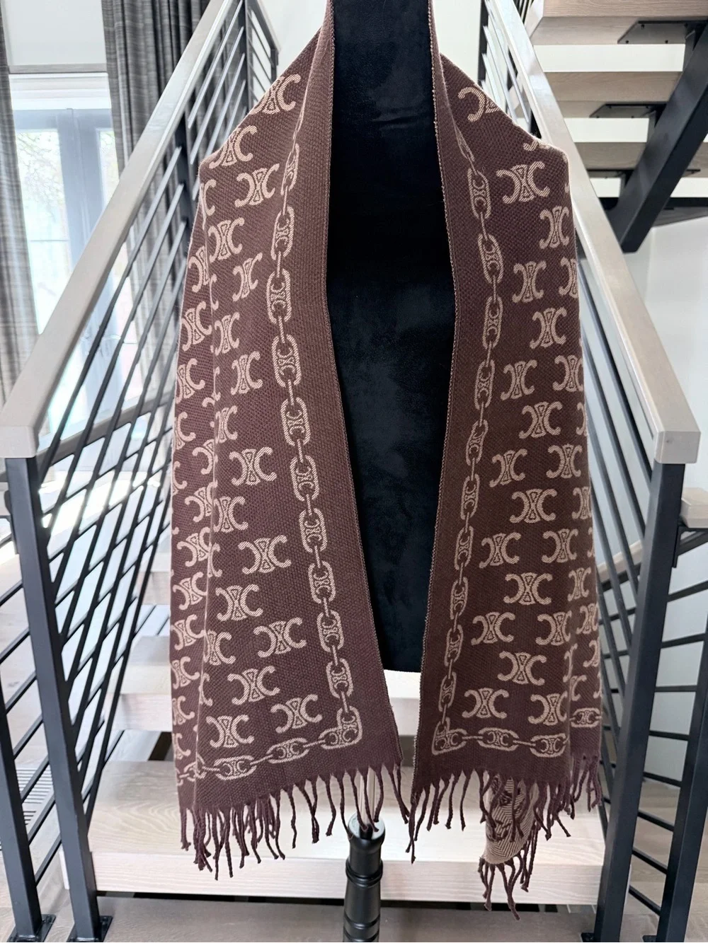 Celine Brown Double-C Monogram Cashmere Scarf with Fringe
